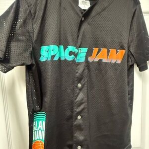 Space Jam Black Mesh Button-Up Jersey with Teal & Orange Logo